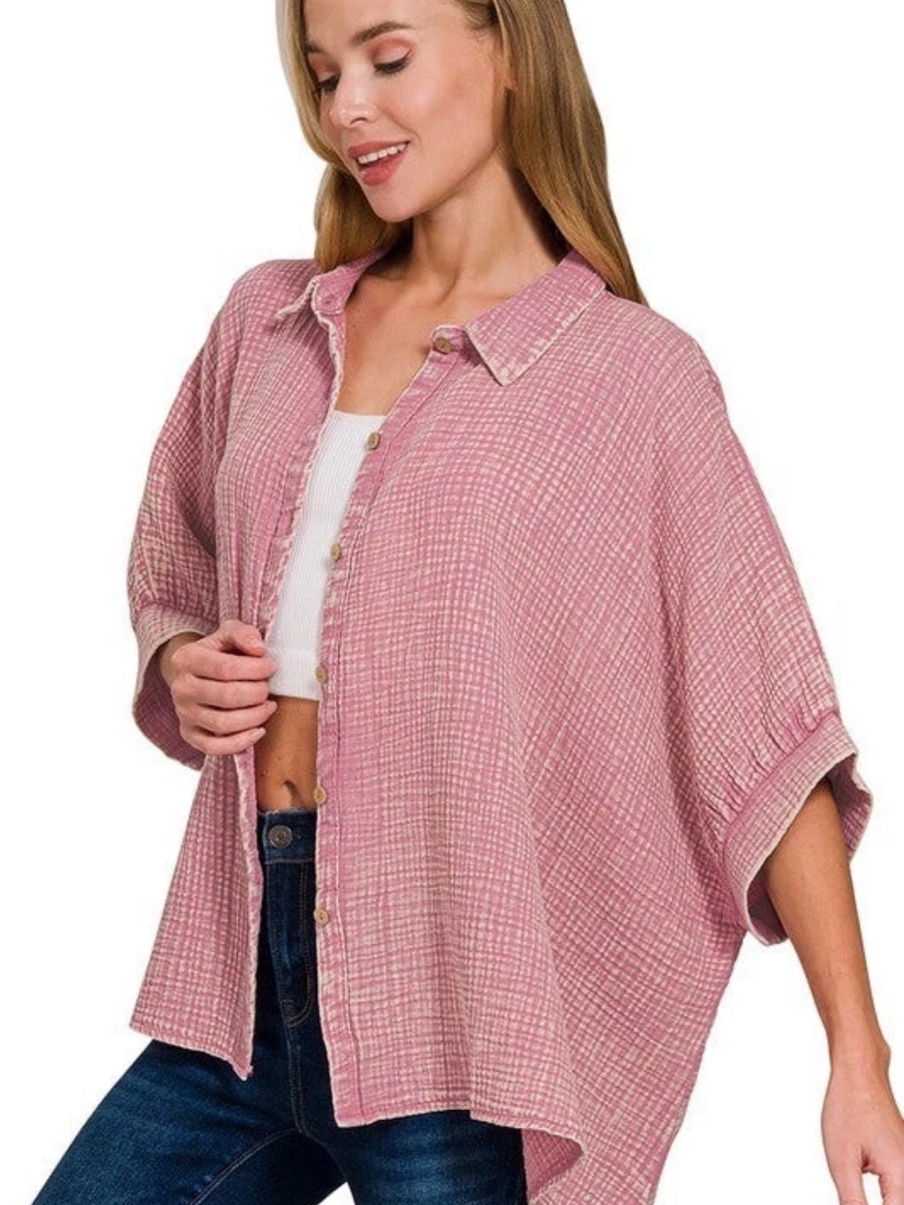 Zenana Outfitters Dusty Rose Button-Front Oversized Shirt size L/XL